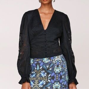Avec Les Filles Pintuck Lace Trim Button Front Black Cotton Blouse S NWT $129